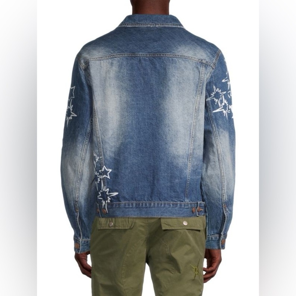 Billionaire Boys Club Button Up Denim Jacket Stars Faded Wash Distressed Collar - Picture 14 of 16